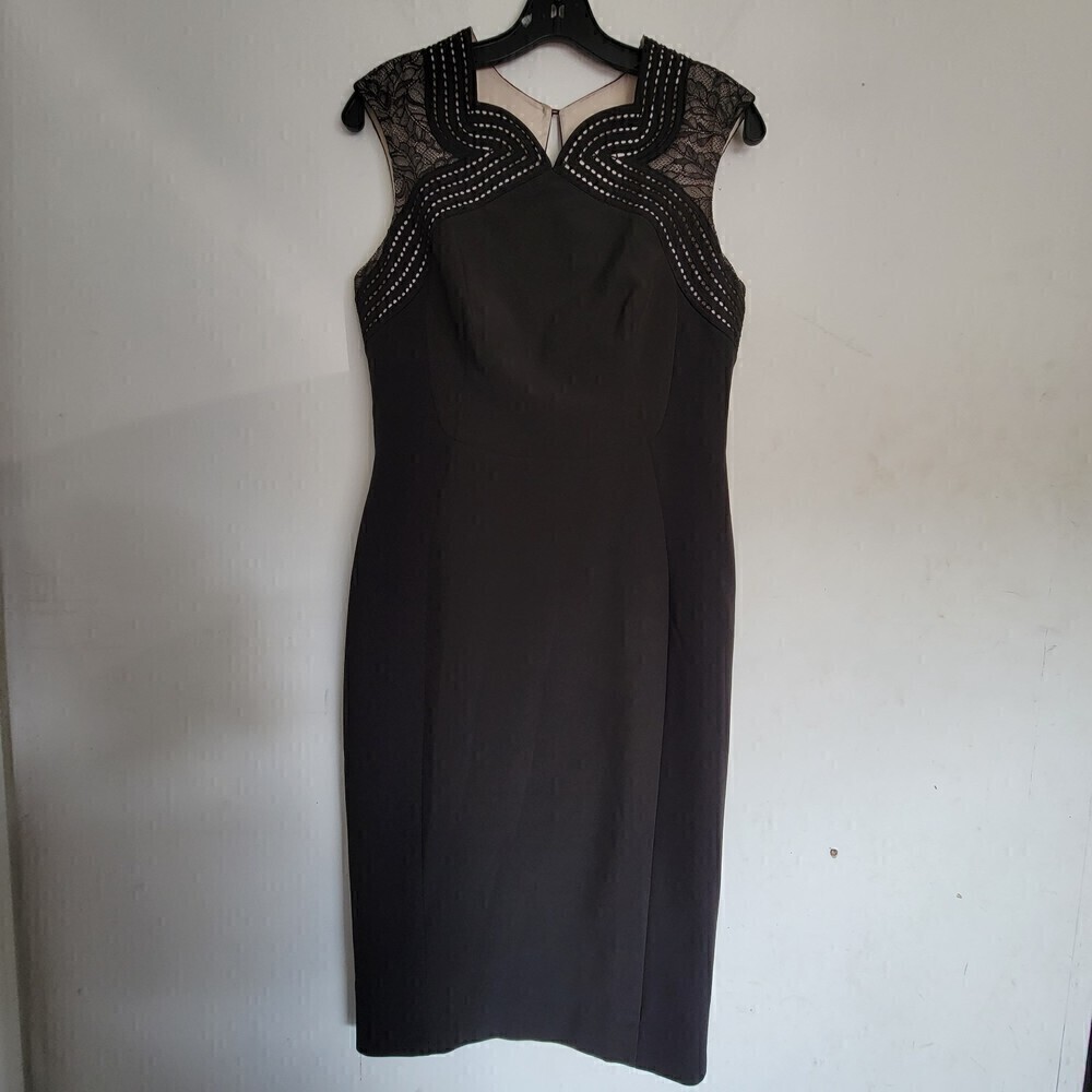Karen Millen Black Cap Sleeve Striped Floral Lace Sheath Dress Size 8